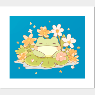 Joyful Summer Kawaii Baby Frog On A Water Lily Posters and Art